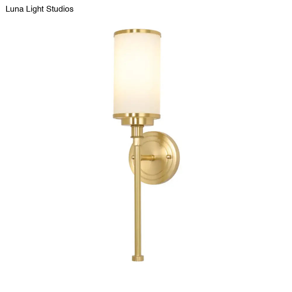 Modern Brass Finish Wall Lamp With Frosted Glass Cylinder Mount Light