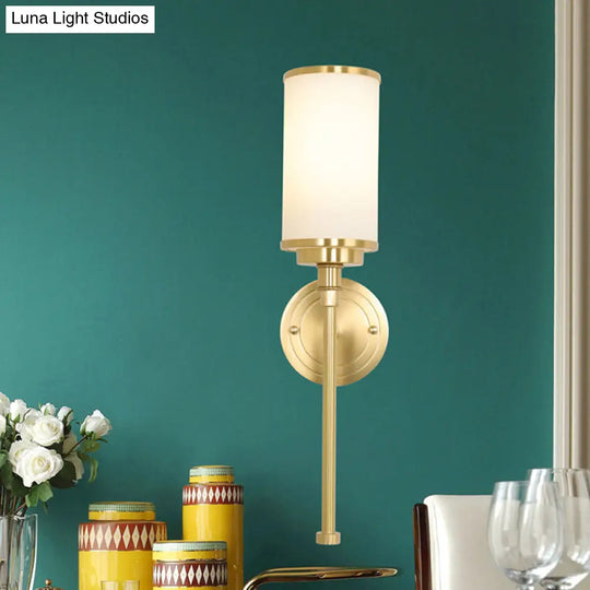 Modern Brass Finish Wall Lamp With Frosted Glass Cylinder Mount Light