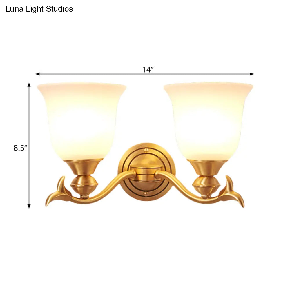 Modern Brass Finish Wall Lamp With White Glass Flared Shade - Bedroom Sconce Fixture