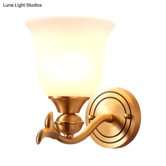 Modern Brass Finish Wall Lamp With White Glass Flared Shade - Bedroom Sconce Fixture