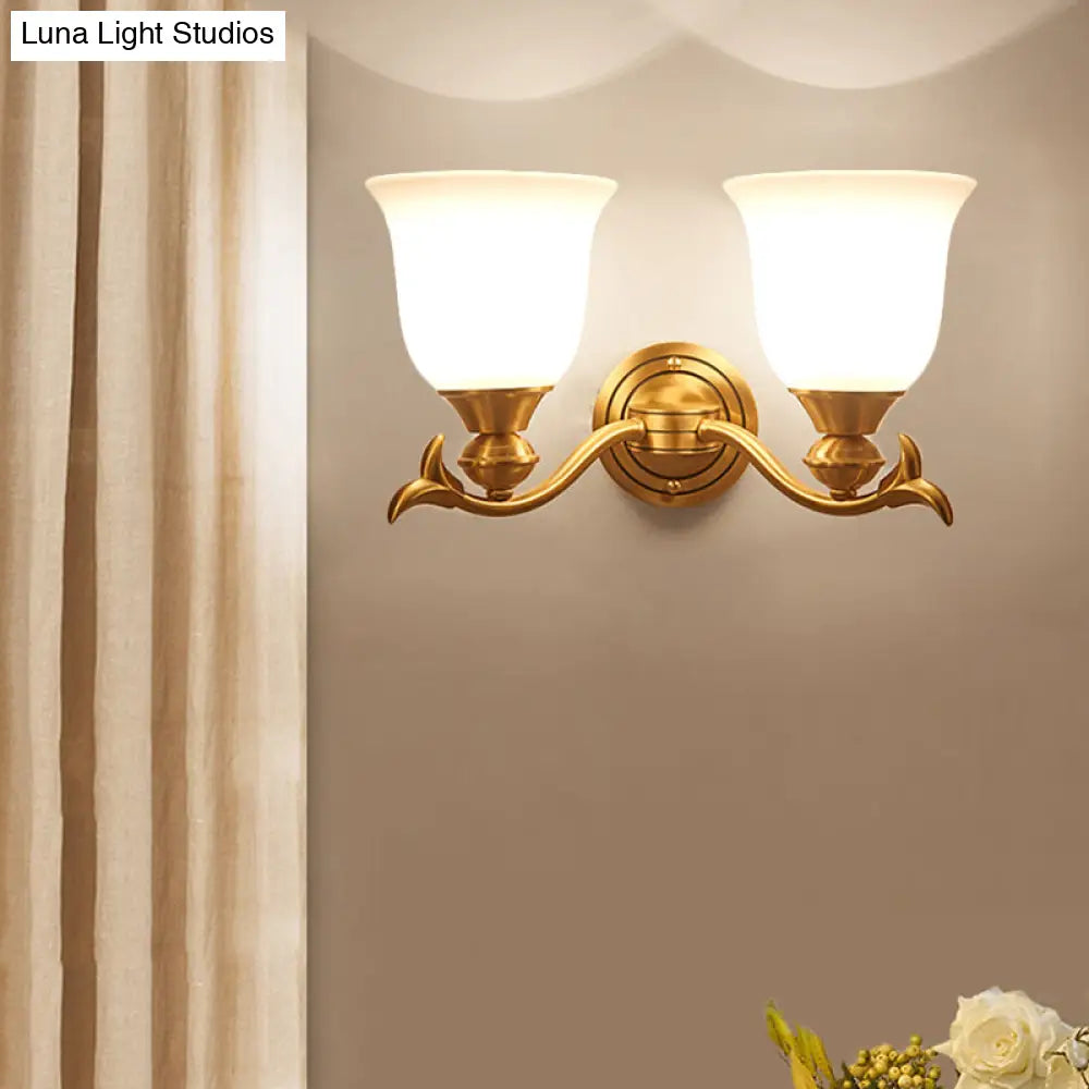 Modern Brass Finish Wall Lamp With White Glass Flared Shade - Bedroom Sconce Fixture