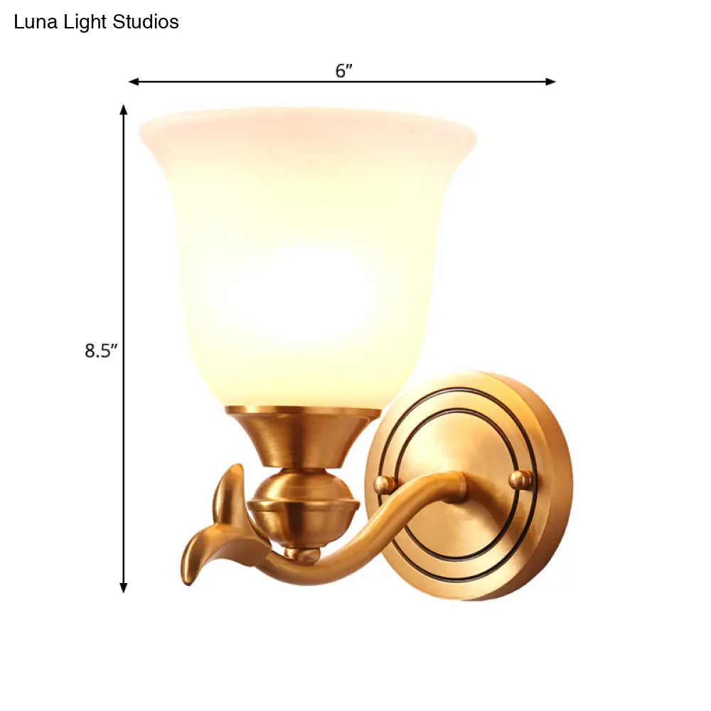 Modern Brass Finish Wall Lamp With White Glass Flared Shade - Bedroom Sconce Fixture