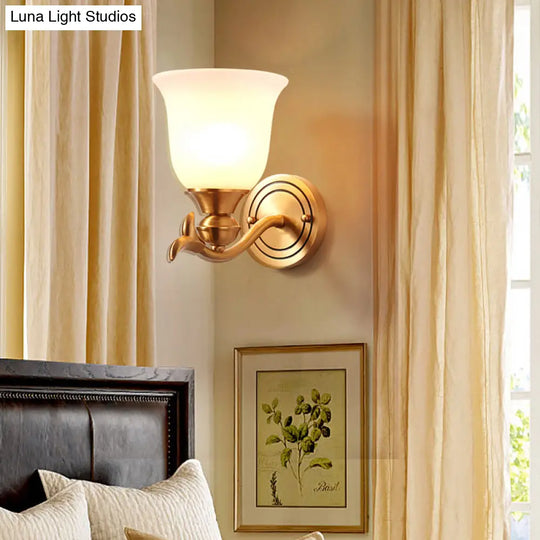 Modern Brass Finish Wall Lamp With White Glass Flared Shade - Bedroom Sconce Fixture