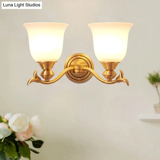 Modern Brass Finish Wall Lamp With White Glass Flared Shade - Bedroom Sconce Fixture