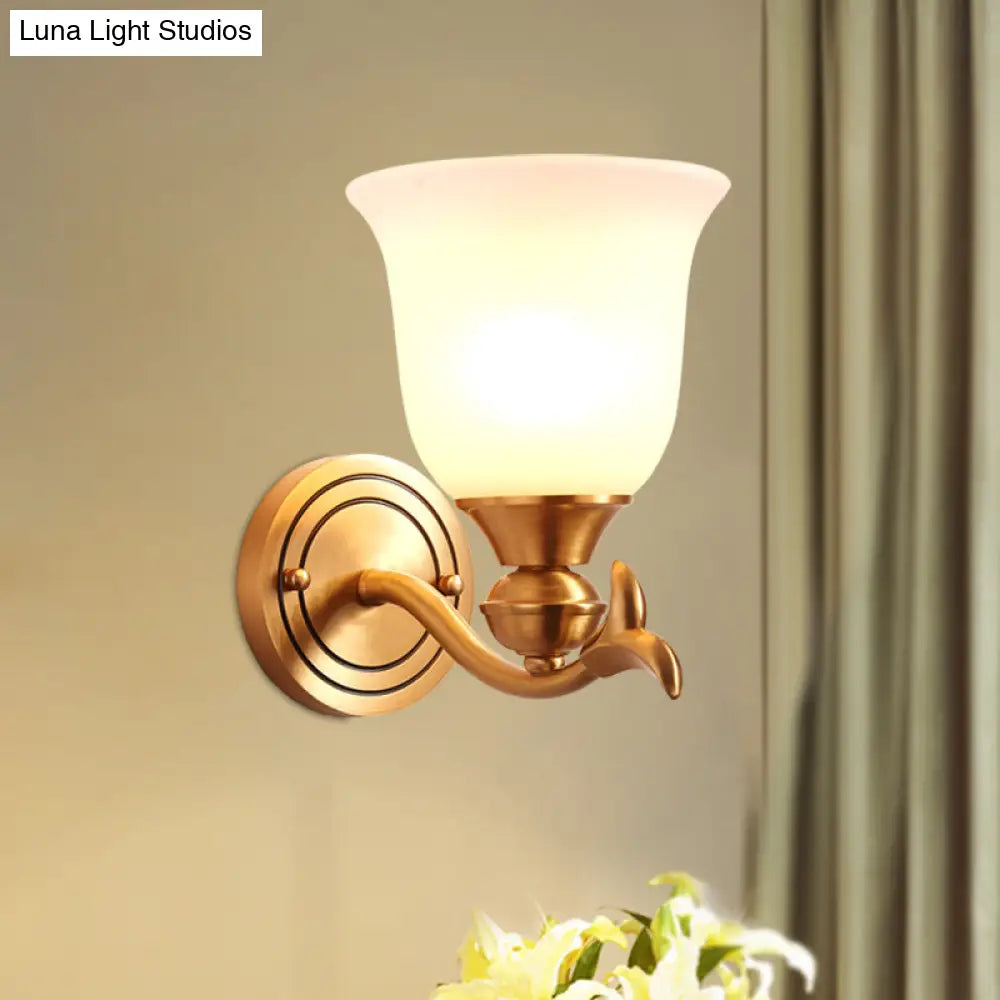 Modern Brass Finish Wall Lamp With White Glass Flared Shade - Bedroom Sconce Fixture