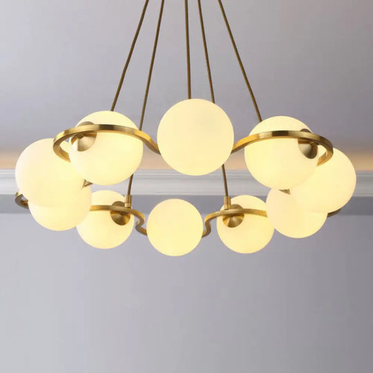 Modern Brass Floral Ring Chandelier With Glass Shade: Ball Metal Hanging Light 10 / White