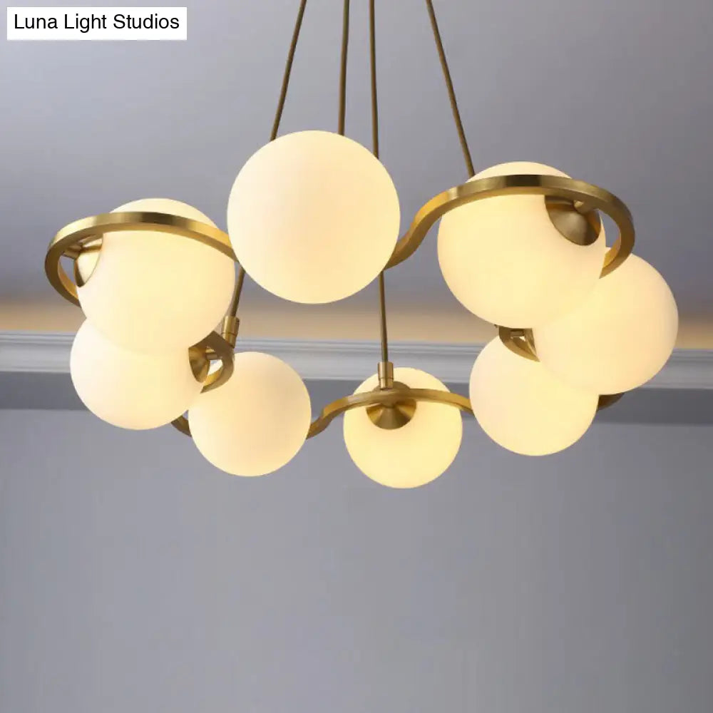 Modern Brass Finish Floral Ring Chandelier With Glass Ball Shade 8 / White