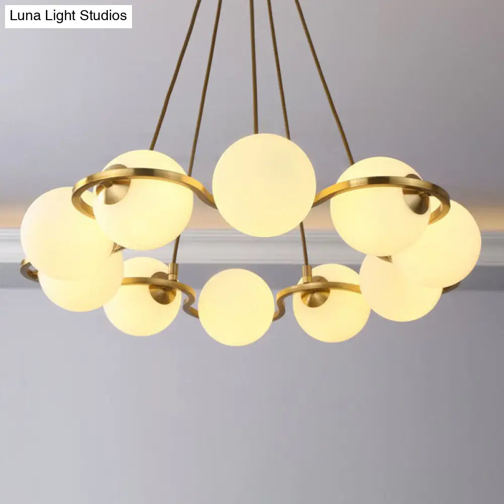 Modern Brass Finish Floral Ring Chandelier With Glass Ball Shade 10 / White