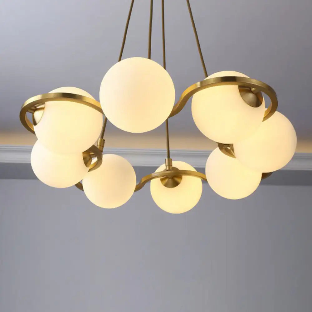 Modern Brass Floral Ring Chandelier With Glass Shade: Ball Metal Hanging Light 8 / White