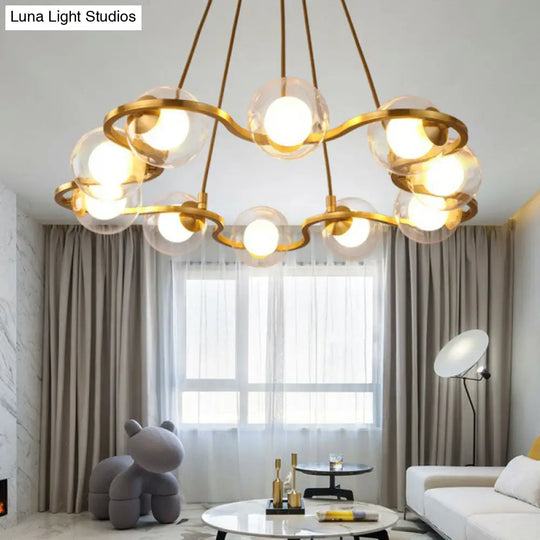 Modern Brass Floral Ring Chandelier With Glass Shade: Ball Metal Hanging Light