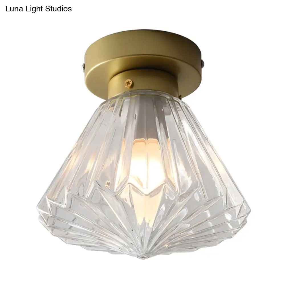 Modern Brass Flush Ceiling Light With Ribbed Glass - 1 Bulb Kitchen Lamp