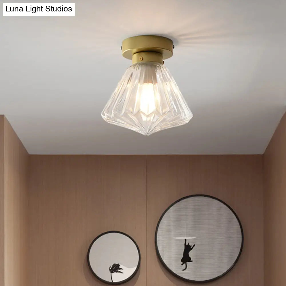 Modern Brass Flush Ceiling Light With Ribbed Glass - 1 Bulb Kitchen Lamp