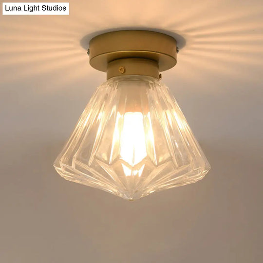 Modern Brass Flush Ceiling Light With Ribbed Glass - 1 Bulb Kitchen Lamp Gold