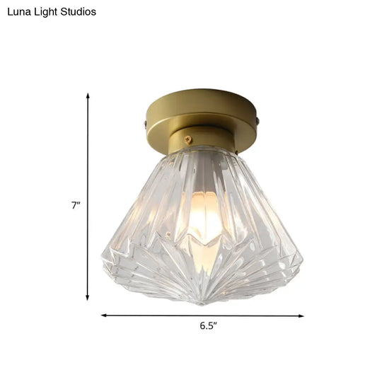 Modern Brass Flush Ceiling Light With Ribbed Glass - 1 Bulb Kitchen Lamp