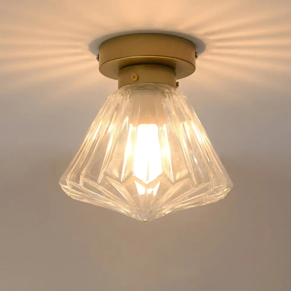 Modern Brass Flush Ceiling Light With Ribbed Glass - 1 Bulb Kitchen Lamp Gold