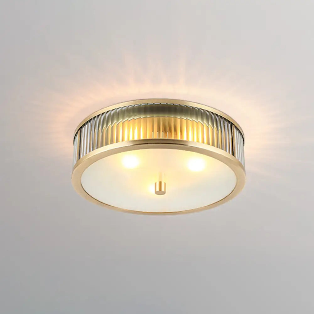 Modern Brass Flush Mount Ceiling Light – Simplicity Drum Shape Ribbed Clear Glass For Bedroom 3 /