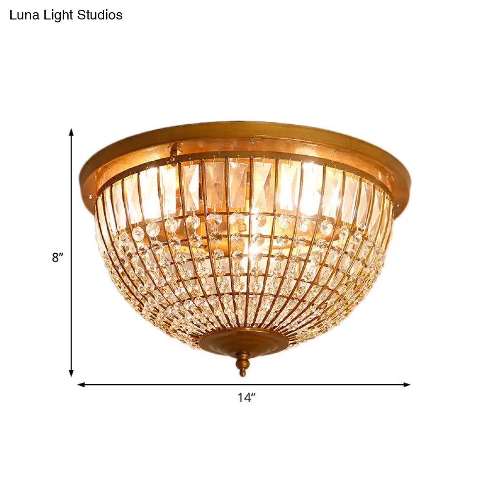 Modern Brass Flush Mount With Crystal Dome Shade - 3 Light Hallway Ceiling Fixture 14’/18’ Wide