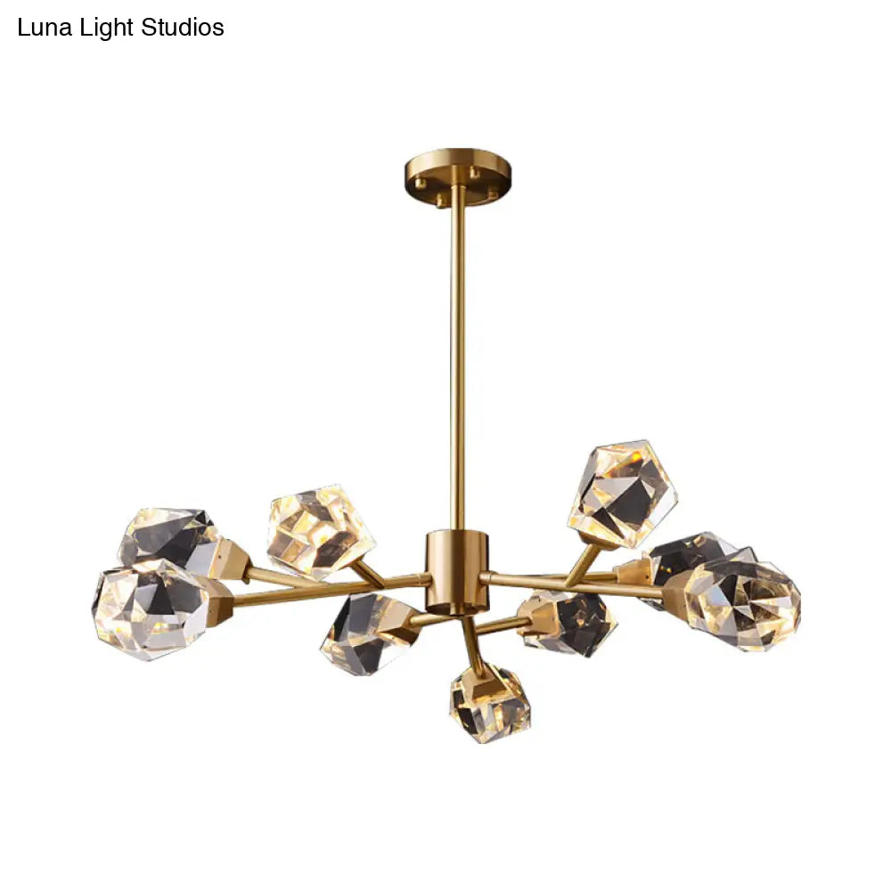 Modern Brass Gem Shaped Crystal Pendant Chandelier Light - 9-Bulb Clear Ideal For Living Rooms