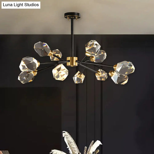 Modern Brass Gem Shaped Crystal Pendant Chandelier Light - 9-Bulb Clear Ideal For Living Rooms