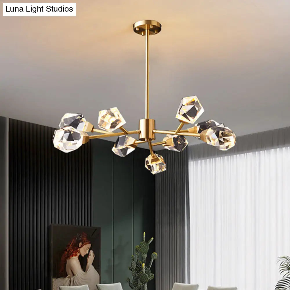 Modern Brass Gem Shaped Crystal Pendant Chandelier Light - 9-Bulb Clear Ideal For Living Rooms