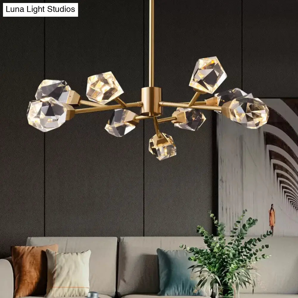 Modern Brass Gem Shaped Crystal Pendant Chandelier Light - 9-Bulb Clear Ideal For Living Rooms