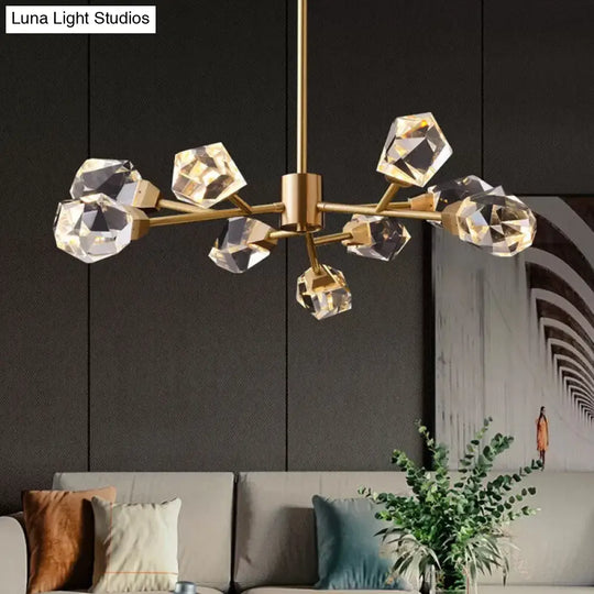 Modern Brass Gem Shaped Crystal Pendant Chandelier Light - 9-Bulb Clear Ideal For Living Rooms