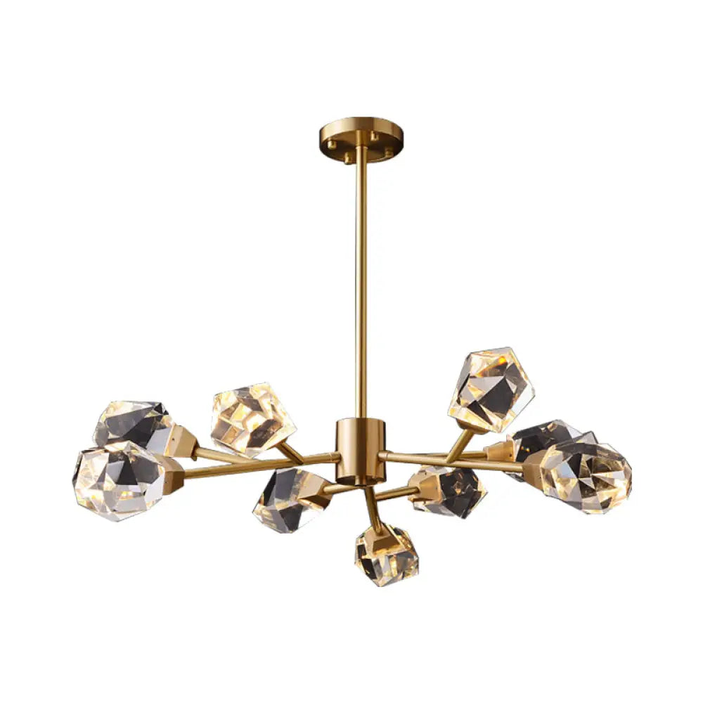 Modern Brass Gem Shaped Clear Crystal Pendant Chandelier - 9-Bulb Light Fixture For Living Room