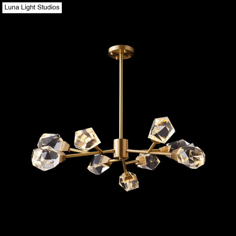 Modern Brass Gem Shaped Crystal Pendant Chandelier Light - 9-Bulb Clear Ideal For Living Rooms