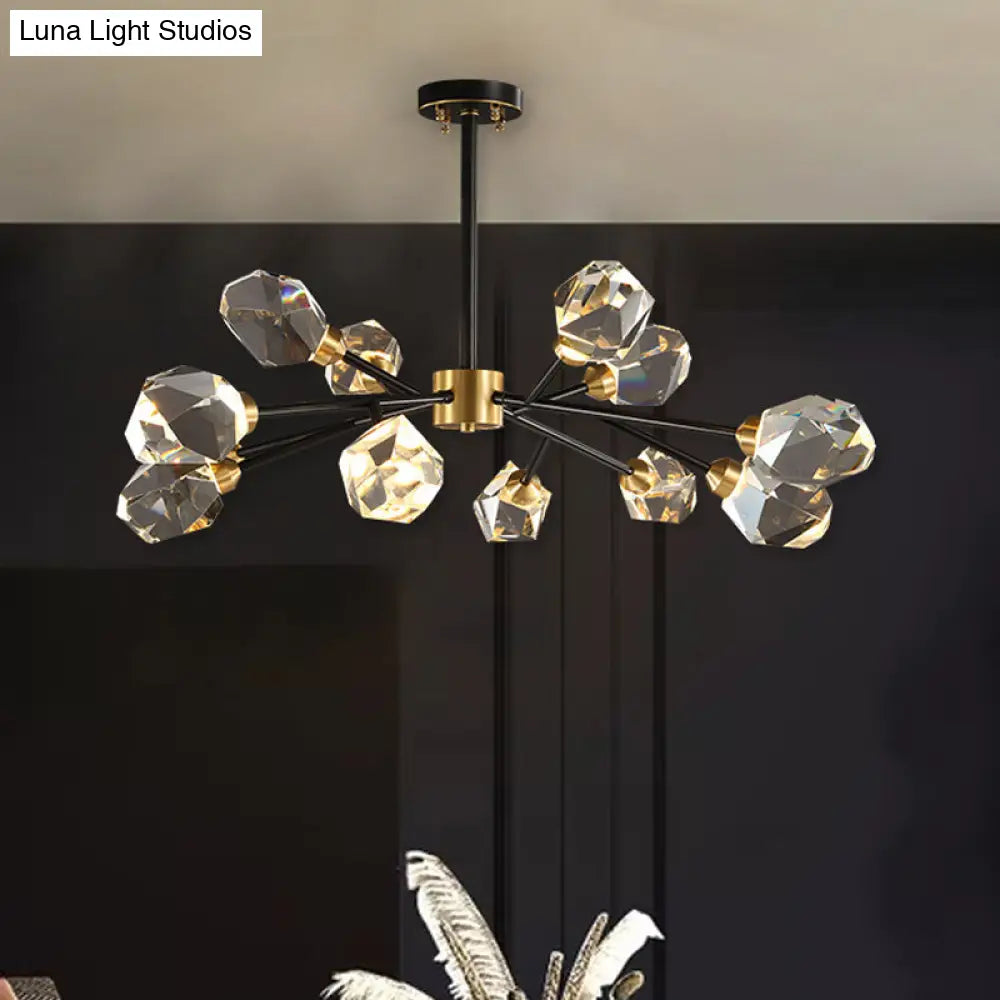 Modern Brass Gem Shaped Clear Crystal Pendant Chandelier - 9-Bulb Light Fixture For Living Room