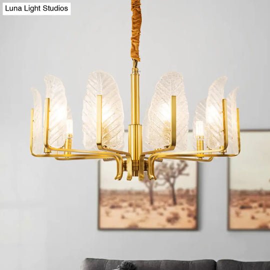 Postmodern Leaf Chandelier Lamp With Brass Textured Glass - 6/8/10 Head Pendant Light Fixture