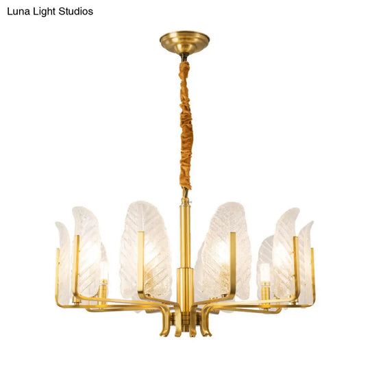 Postmodern Leaf Chandelier Lamp With Brass Textured Glass - 6/8/10 Head Pendant Light Fixture