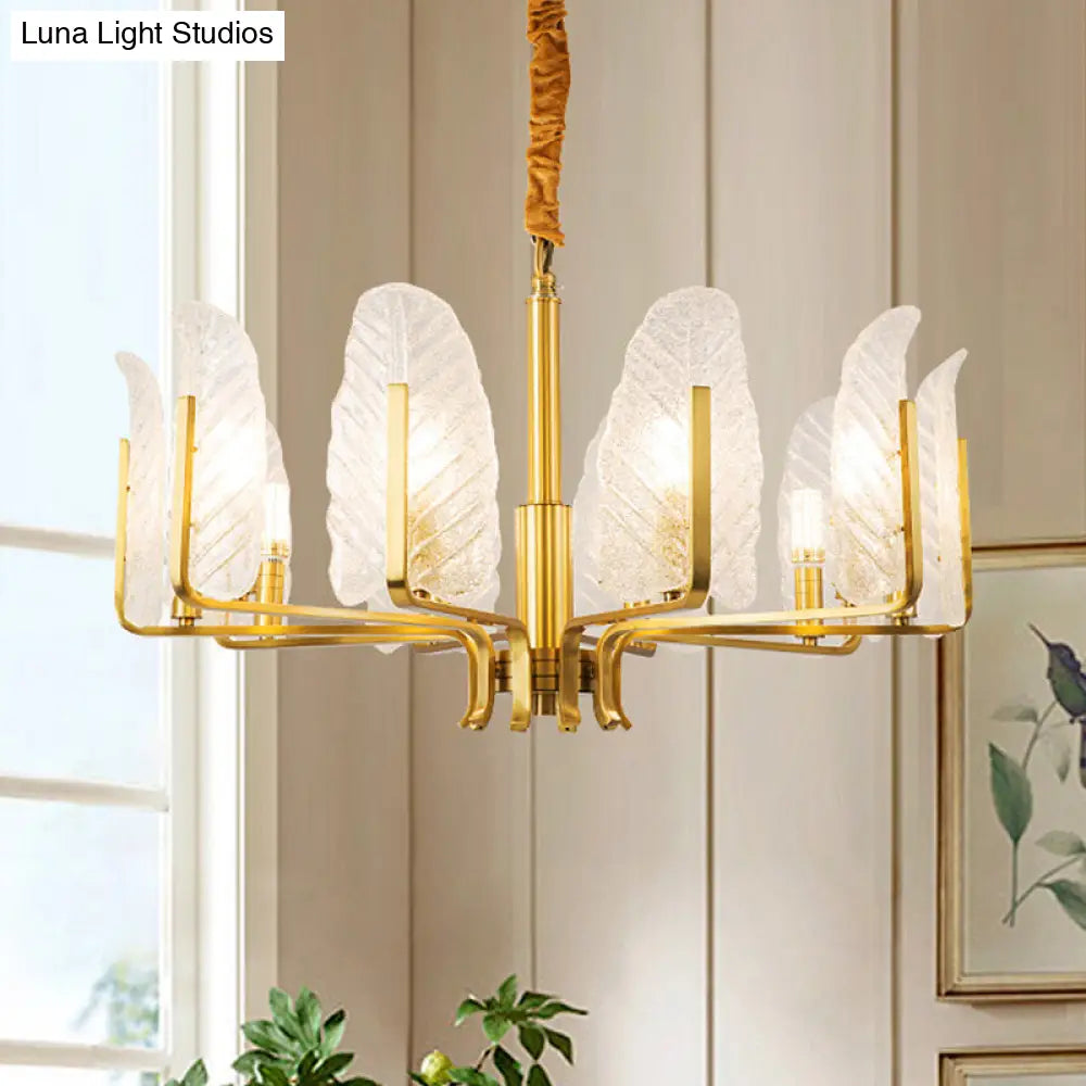 Postmodern Leaf Chandelier Lamp With Brass Textured Glass - 6/8/10 Head Pendant Light Fixture