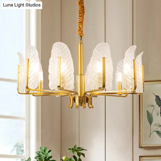 Postmodern Leaf Chandelier Lamp With Brass Textured Glass - 6/8/10 Head Pendant Light Fixture