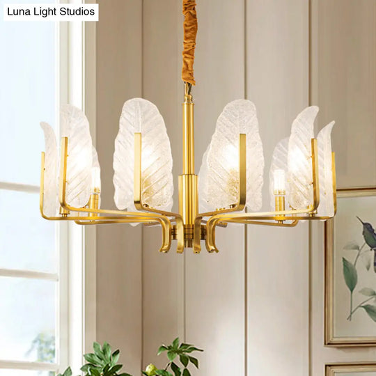 Modern Brass Glass Pendant Light Fixture - 6/8/10-Head Leaf Chandelier Lamp