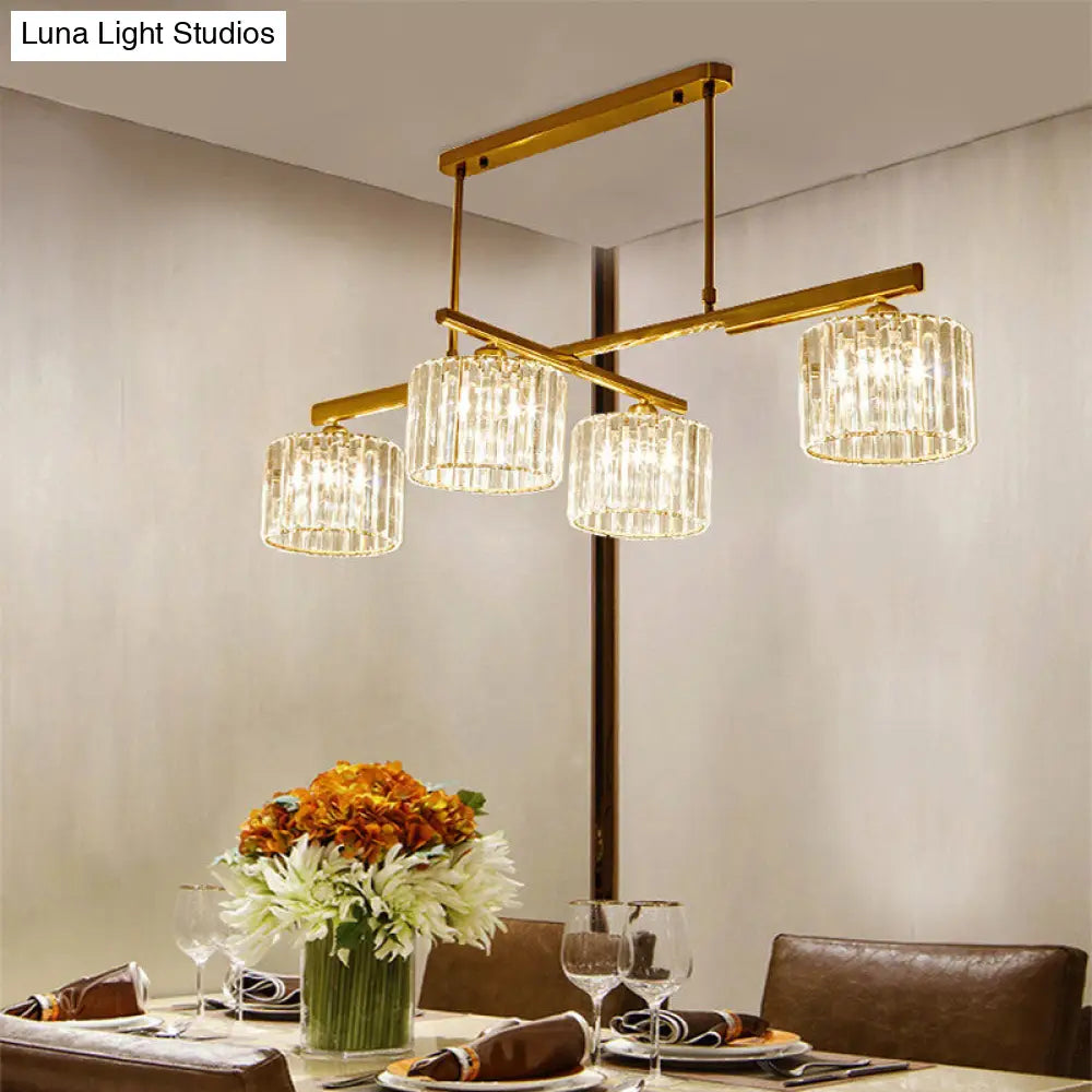 Modern Brass Hanging Light With Crystal Block - 4-Light Metal Cylinder Island Lighting For Living