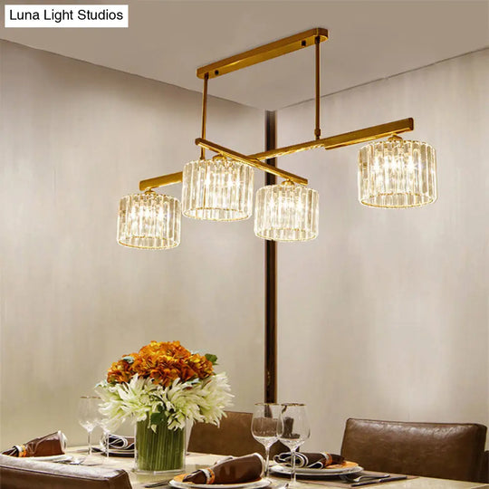 Modern Brass Hanging Light With Crystal Block - 4-Light Metal Cylinder Island Lighting For Living