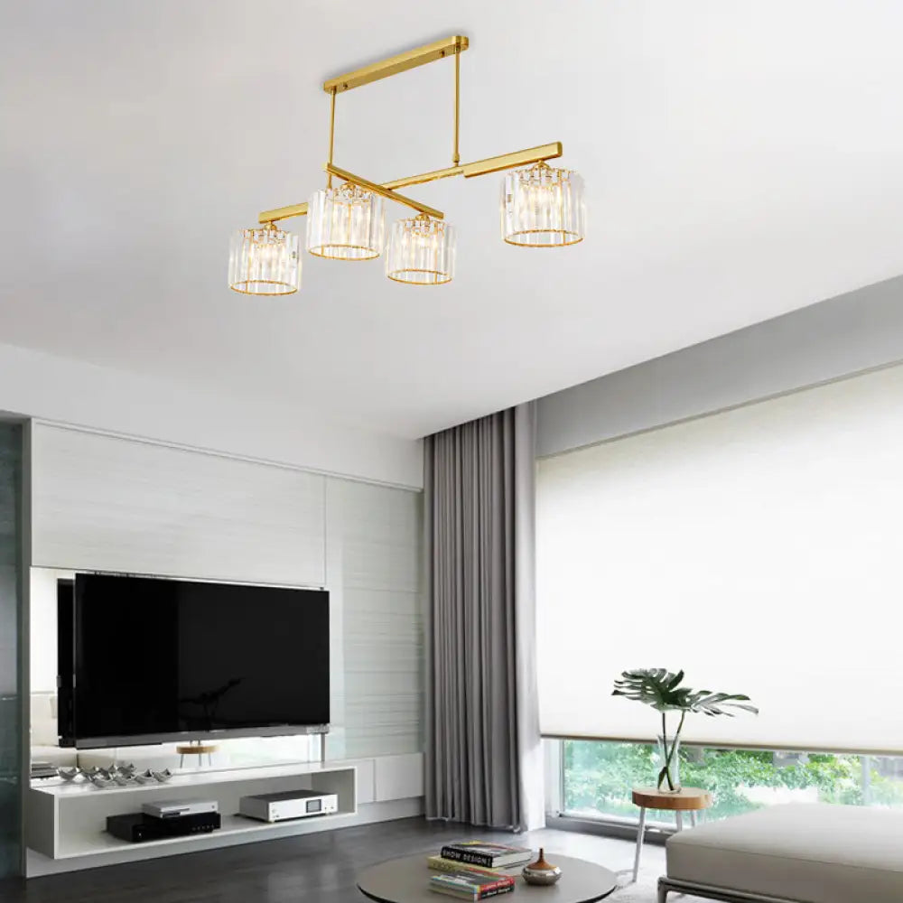 Modern Brass Hanging Light With Crystal Block - 4-Light Metal Cylinder Island Lighting For Living