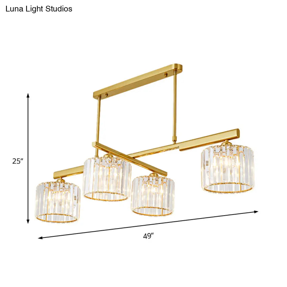 Modern Brass Hanging Light With Crystal Block - 4-Light Metal Cylinder Island Lighting For Living