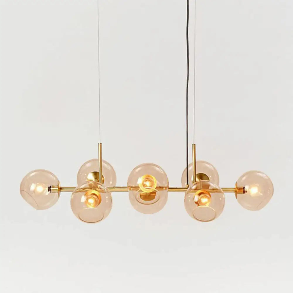 Modern Brass Island Light With Dome Glass Shades - 8-Light Dining Room Suspension Lighting Amber