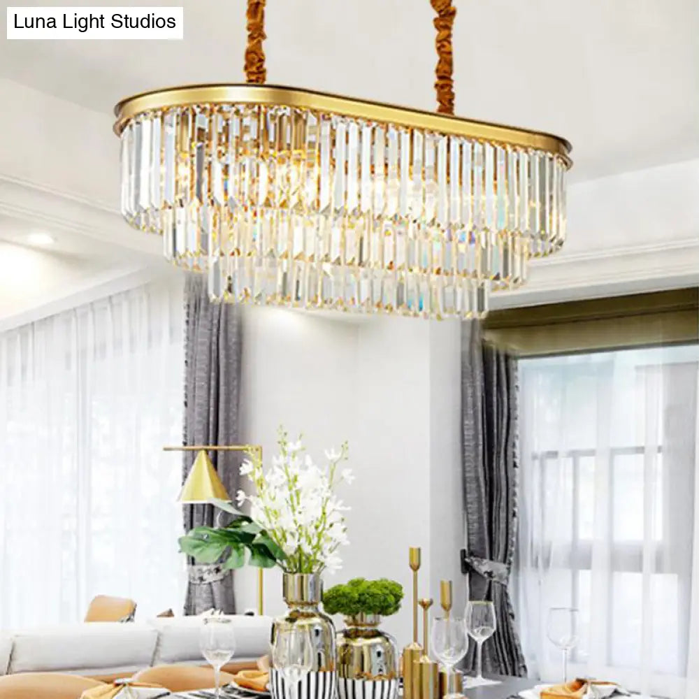 Modern Brass Island Pendant Light With Oval Crystal Shade - 8-Light Dining Room Hanging Lamp Kit