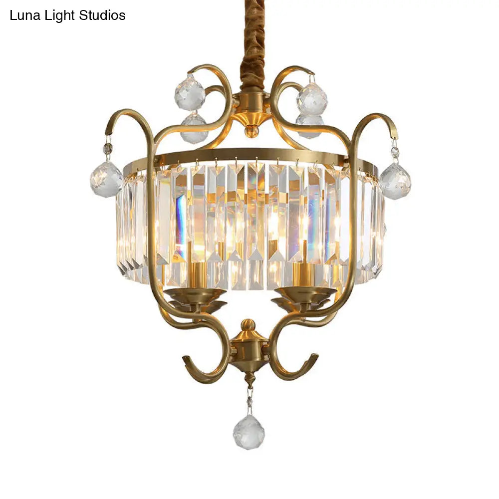 Modern Brass Lantern Chandelier With Crystal Rods - 4 Lights Hanging Light