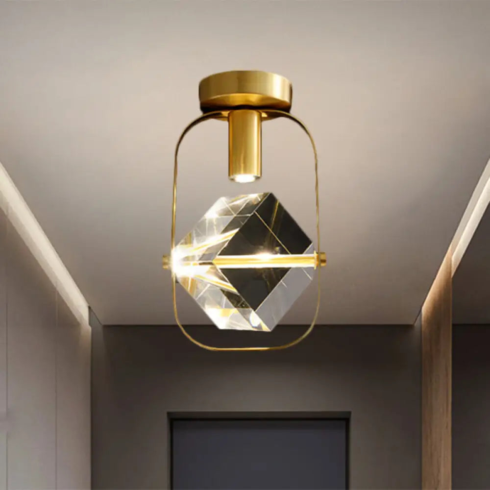 Modern Brass Led Ceiling Flush Mount Crystal Cube Semi Light Fixture / A