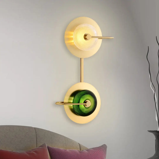 Modern Brass Led Glass Doughnut Wall Lamp With Clear And Green Lattice Pattern Disk Detail