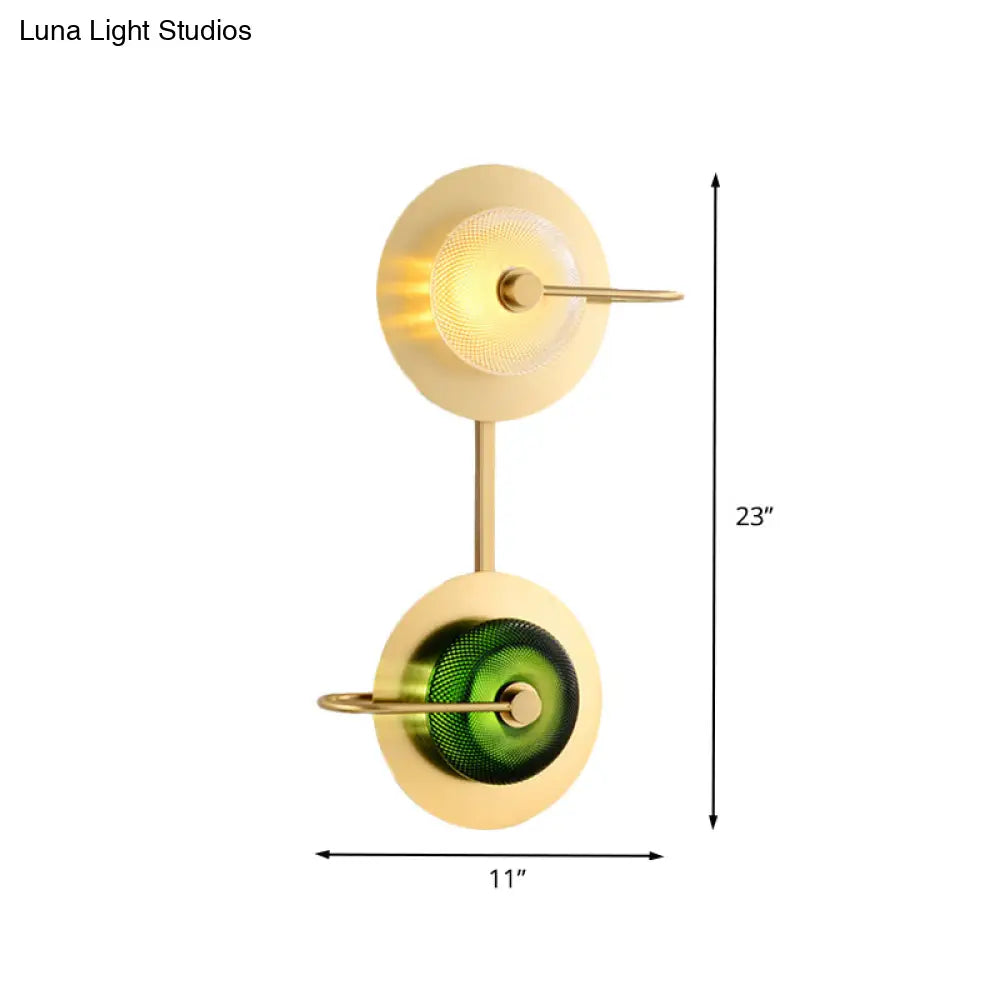 Modern Brass Led Glass Doughnut Wall Lamp With Clear And Green Lattice Pattern Disk Detail