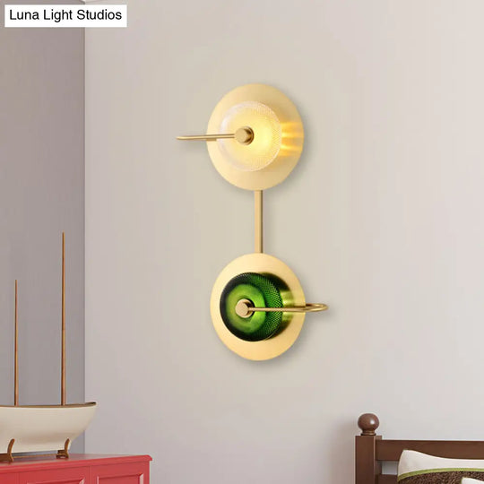 Modern Brass Led Glass Doughnut Wall Lamp With Clear And Green Lattice Pattern Disk Detail