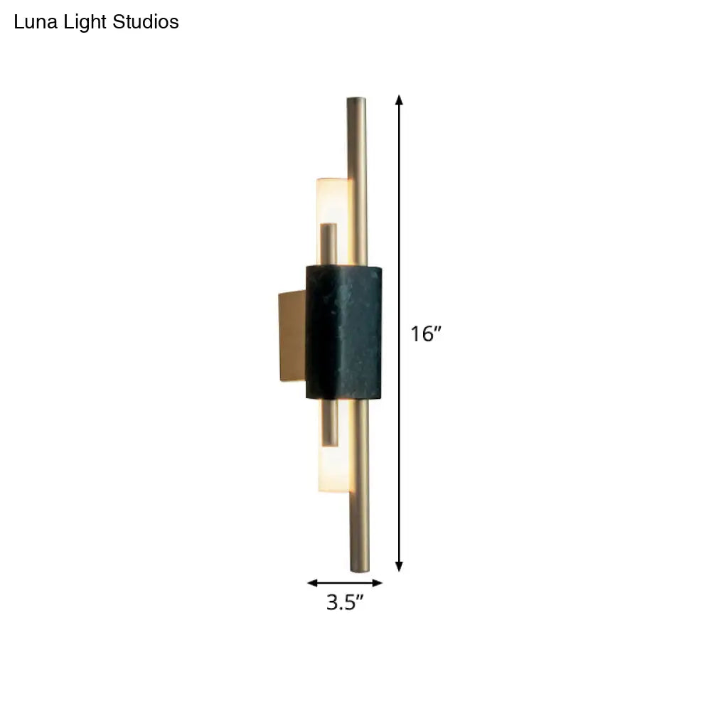 Modern Brass Led Wall Sconce With Slim Tube Design And Black Marble Deco