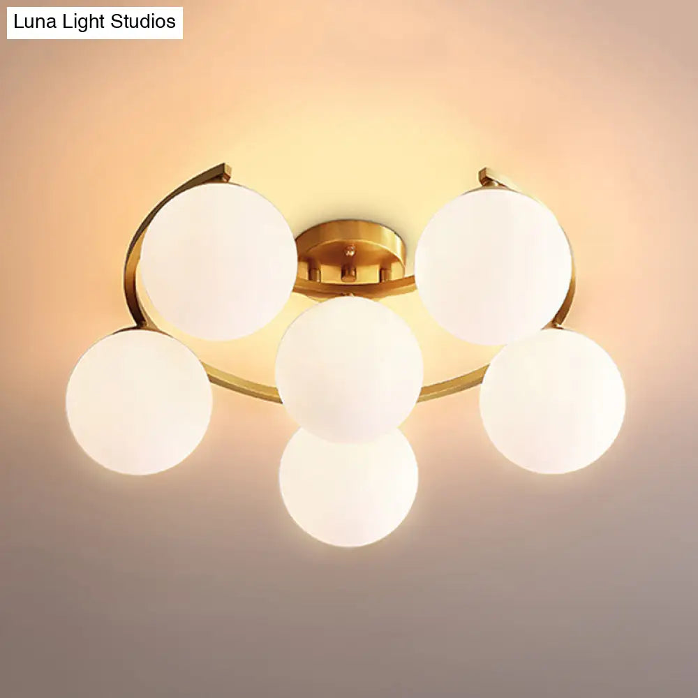 Modern Brass Milk Glass Flush Light With Crescent Canopy - 3/6 Head Close To Ceiling Lamp