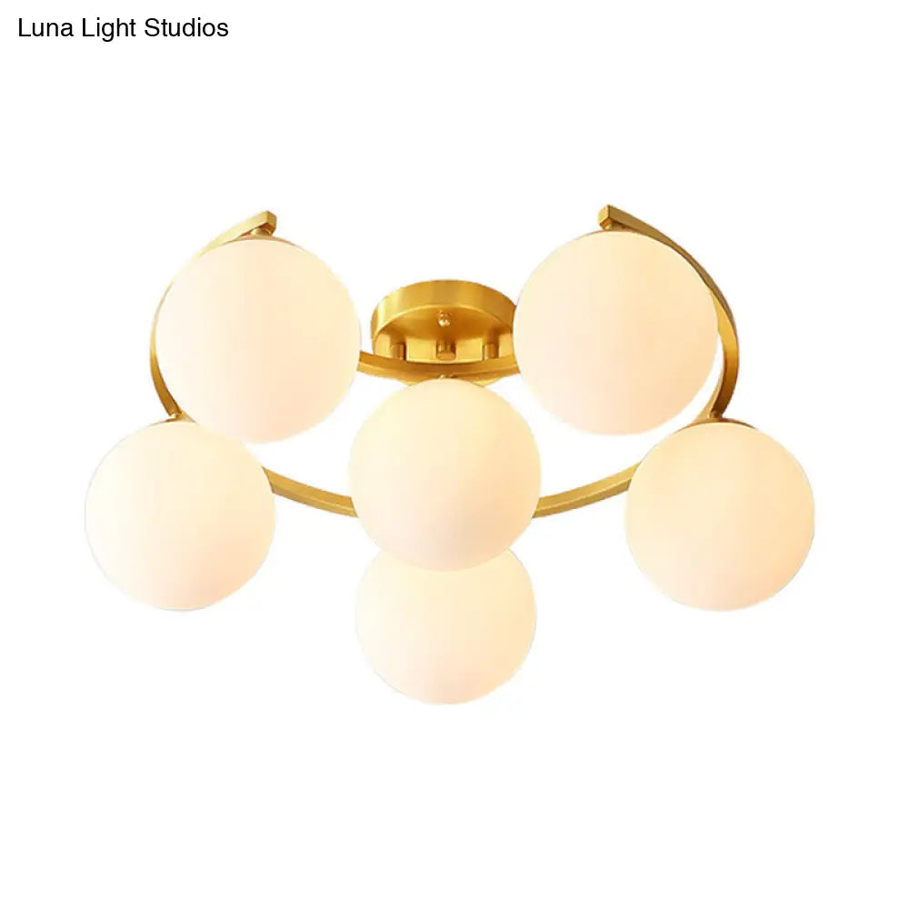 Modern Brass Milk Glass Flush Light With Crescent Canopy - 3/6 Head Close To Ceiling Lamp