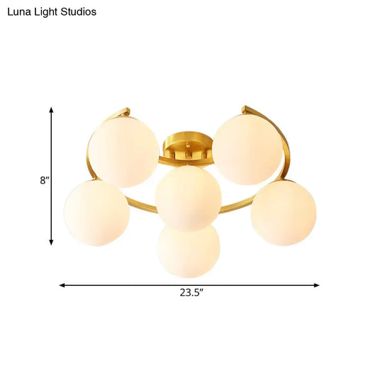 Modern Brass Milk Glass Flush Light With Crescent Canopy - 3/6 Head Close To Ceiling Lamp