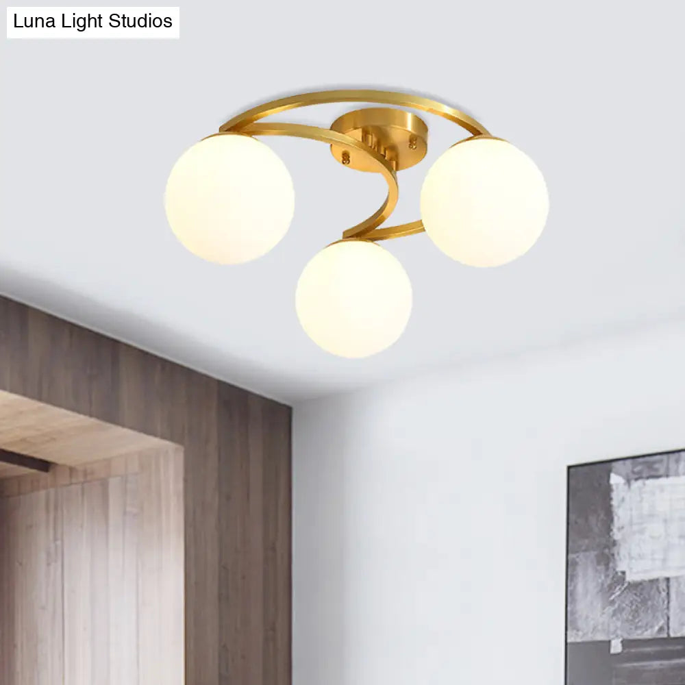Modern Brass Milk Glass Flush Light With Crescent Canopy - 3/6 Head Close To Ceiling Lamp